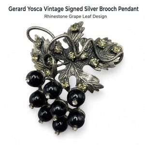 Yosca Vintage Grape Cluster Brooch Rhinestone Silver 3"x2" Tone Black Bead Pin